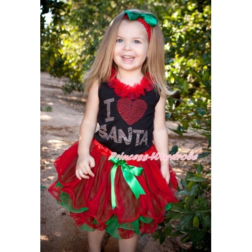 Xmas Black Baby Pettitop with Sparkle Crystal Bling I Love Santa Print with Red Chiffon Lacing with Kelly Green Bow Red Green Petal Newborn Pettiskirt NG1276 